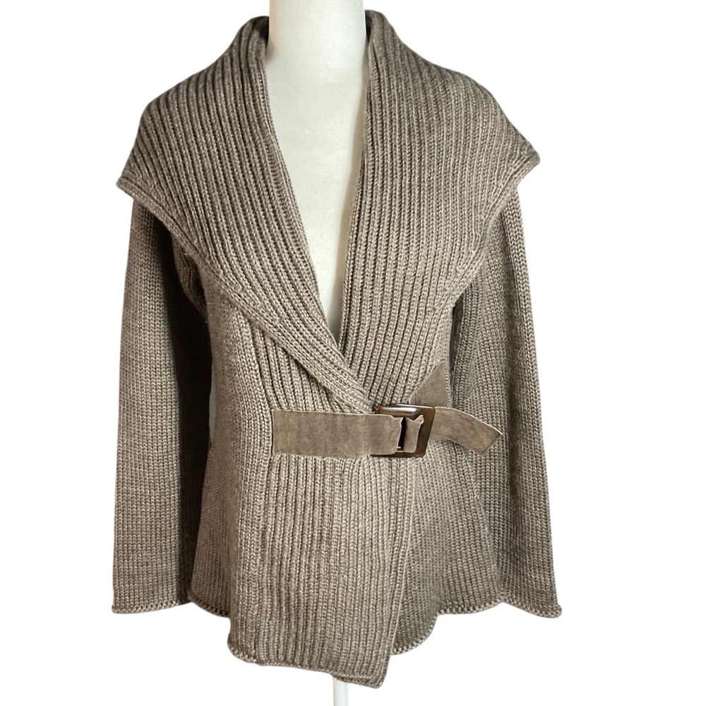 Soft Surroundings Ribbed Shawl Collar Cardigan Belted Sweater Sz L Wool Blend